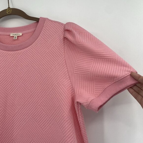 Jodifl Women’s Size M Pink Textured Dress Pockets Short Sleeve Preppy - Picture 7 of 11